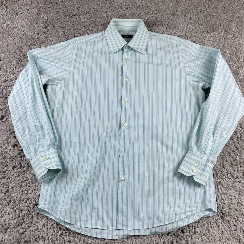 Hugo Boss Dress Shirt Men's Size 42 16.5 Blue Striped Button Up Long Sleeve - Picture 2 of 13